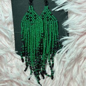 Green & Black Fringe Beaded Earrings